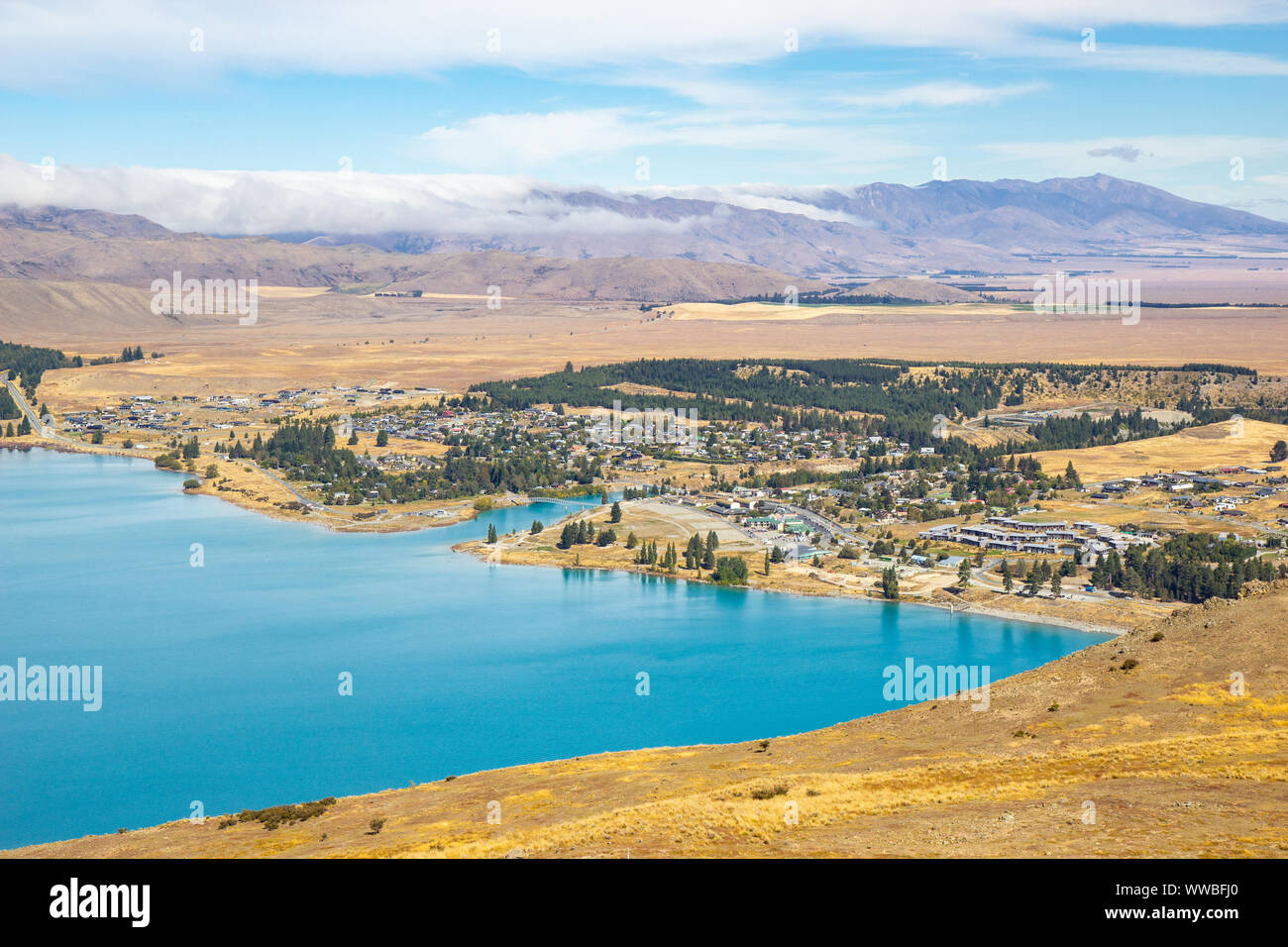 Vista del Lago Tekapo dal Monte Giovanni observatory Foto Stock