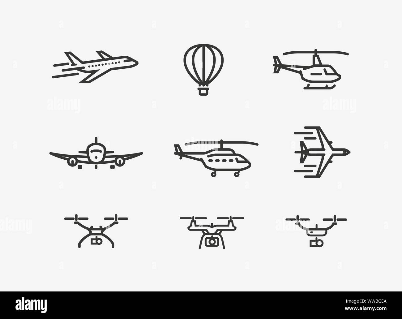 Set di icone di aeroplano. Simbolo di trasporto in stile lineare. Illustrazione vettoriale Illustrazione Vettoriale
