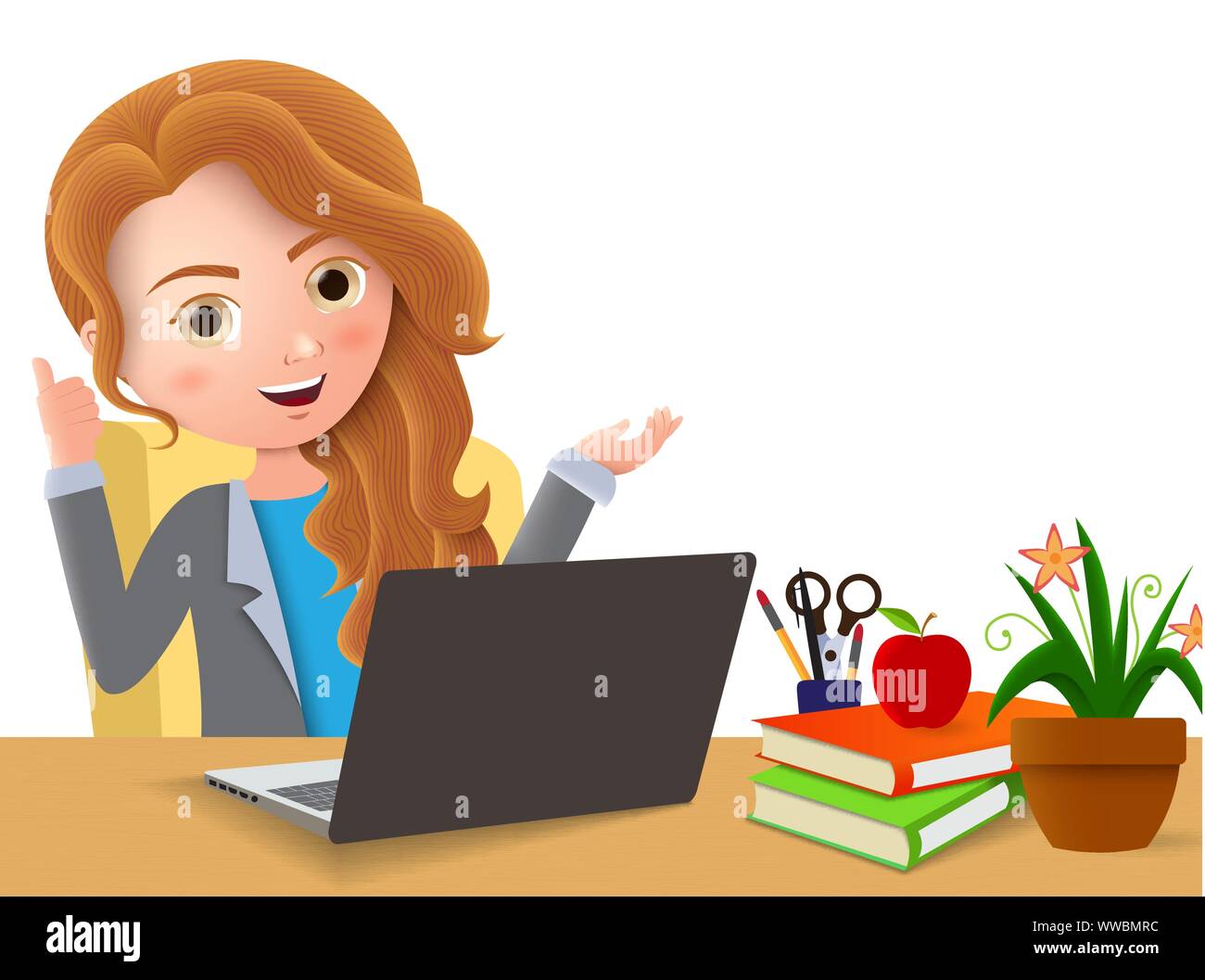 Imprenditrice in office desk carattere vettoriale. Femmina business office manager felice di parlare e seduta in ufficio con positivo posa a mano. Illustrazione Vettoriale