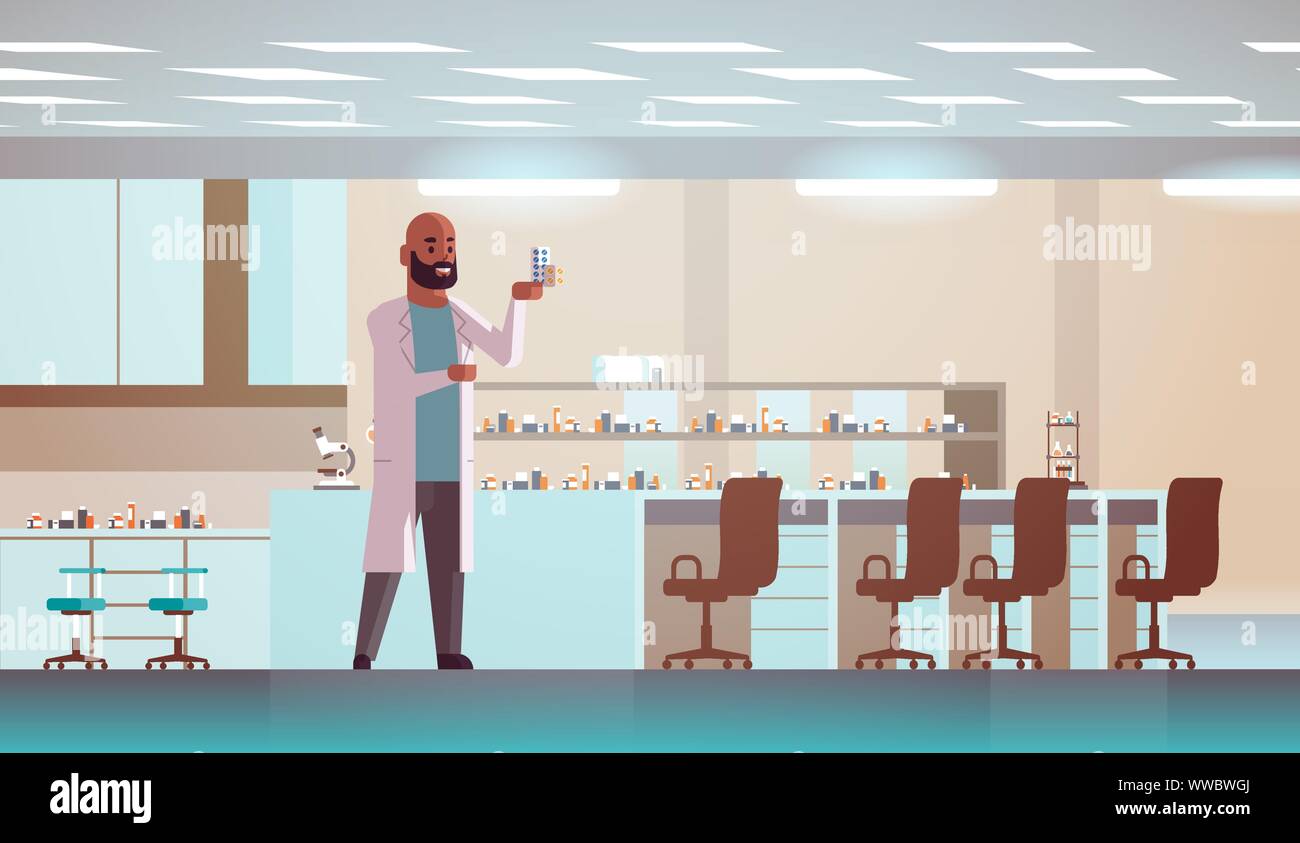 Ricercatore scientifico azienda pacchetti di droga americano africano uomo analizzando pillole scienziato rendendo esperimento di ricerca il concetto di scienza moderna Illustrazione Vettoriale