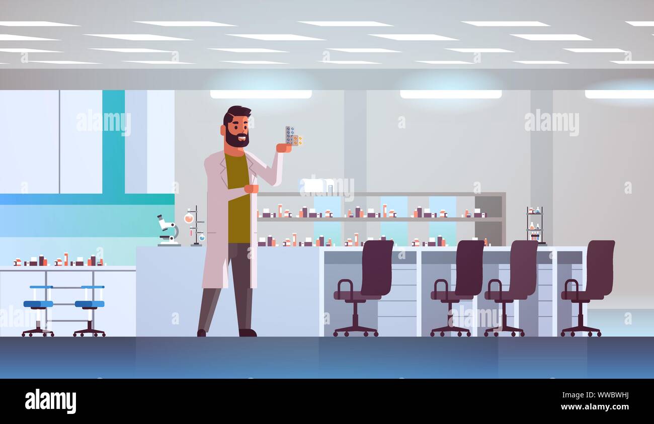 Ricercatore scientifico contenimento farmaci uomo pacchetti di analisi di pillole scienziato esperimento rendendo la ricerca scienza concetto moderno laboratorio interno pieno Illustrazione Vettoriale