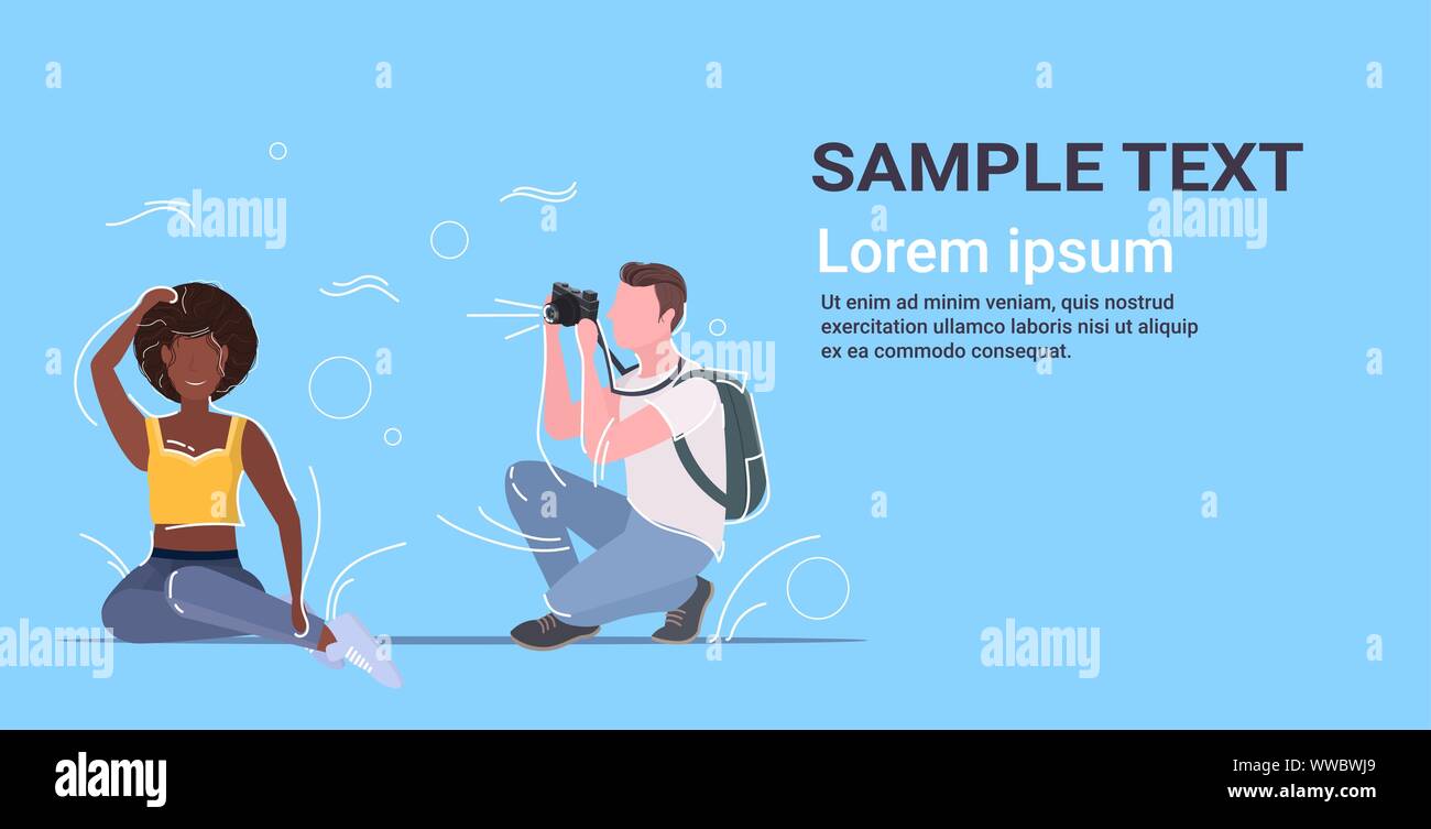 Professional fotografo maschio utilizzando digitale fotocamera reflex digitale di ripresa aerican africano ragazza modello in posa per la fotografia di moda concetto shoot a piena lunghezza Illustrazione Vettoriale