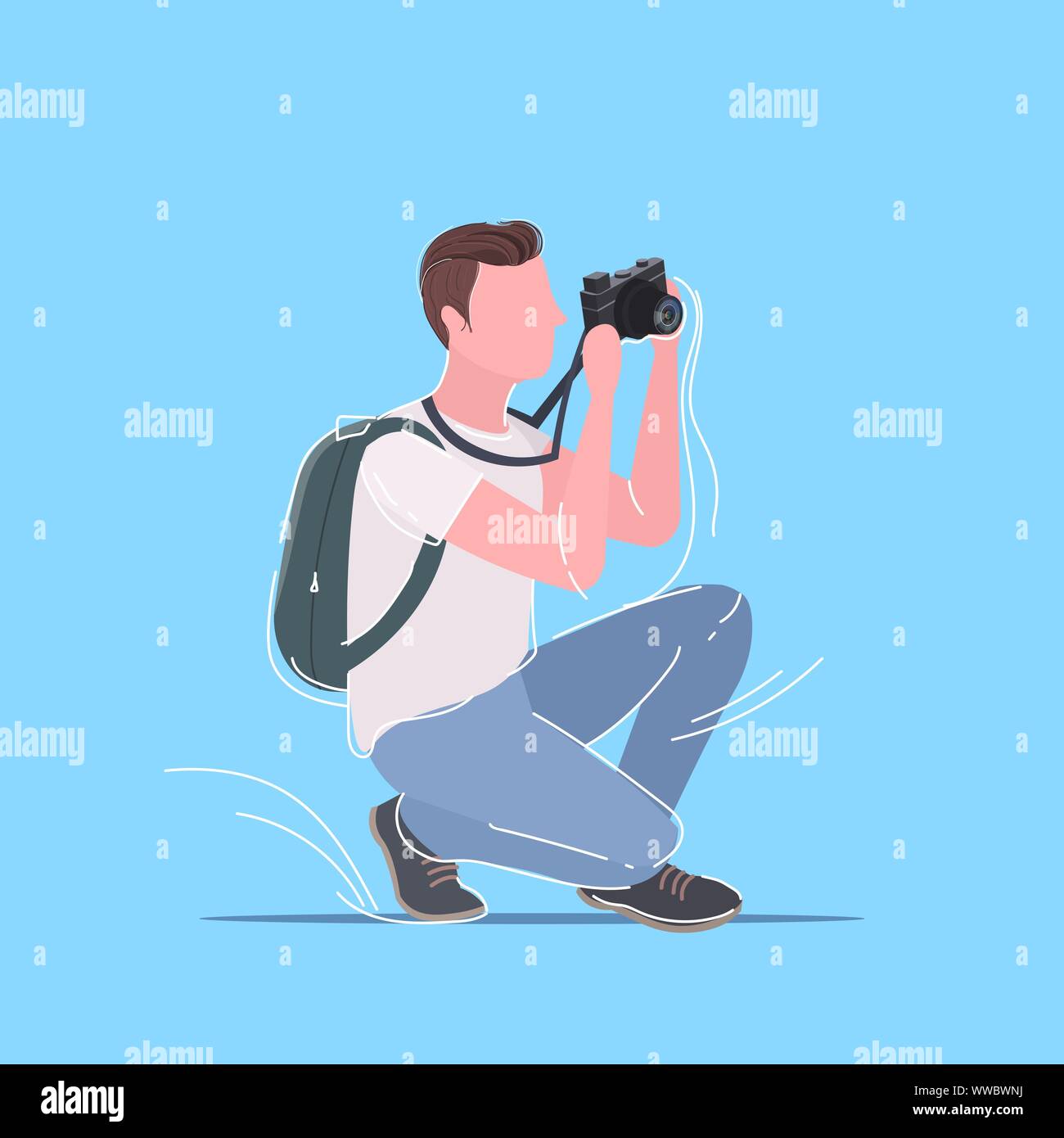 Fotografo professionista prendendo foto fotografia uomo viaggiatore con zaino con ripresa digitale fotocamera reflex digitale maschio personaggio dei cartoni animati a piena lunghezza flat Illustrazione Vettoriale