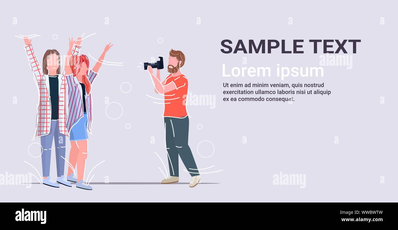 Professional fotografo maschio utilizzando digitale fotocamera DSLR riprese modelli ragazze giovane in posa per la fotografia di moda concetto shoot per tutta la lunghezza orizzontale Illustrazione Vettoriale
