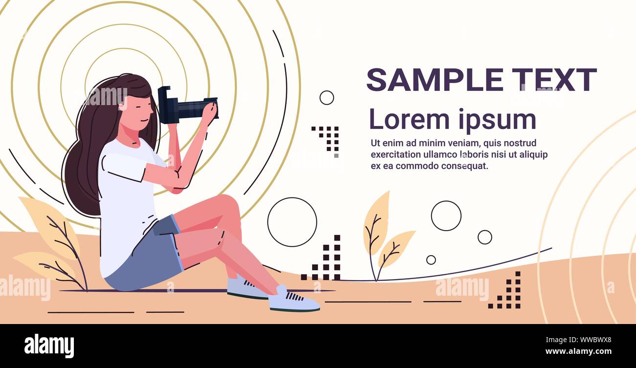 Femmina professionale fotografo di scattare la foto donna foto riprese digitali con fotocamera DSLR femmina carattere cartoon paesaggio pieno di sfondo Illustrazione Vettoriale
