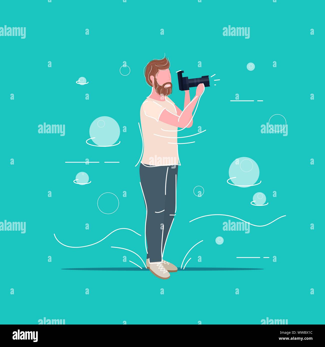 Fotografo professionista prendendo foto fotografia uomo traveler con ripresa digitale fotocamera reflex digitale maschio personaggio dei cartoni animati a piena lunghezza flat Illustrazione Vettoriale