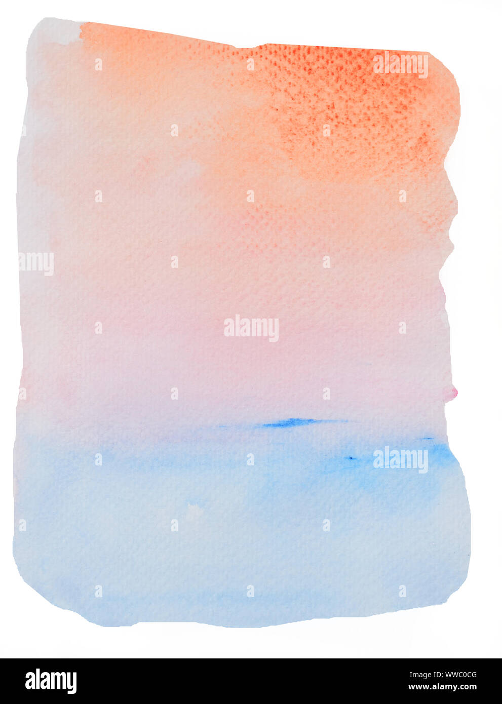 Mare calmo al tramonto, configurazione astratta quadrato arancione con il blu e il colore rosa su sfondo bianco , Illustrazione acquerello disegnare a mano e dipinte Foto Stock