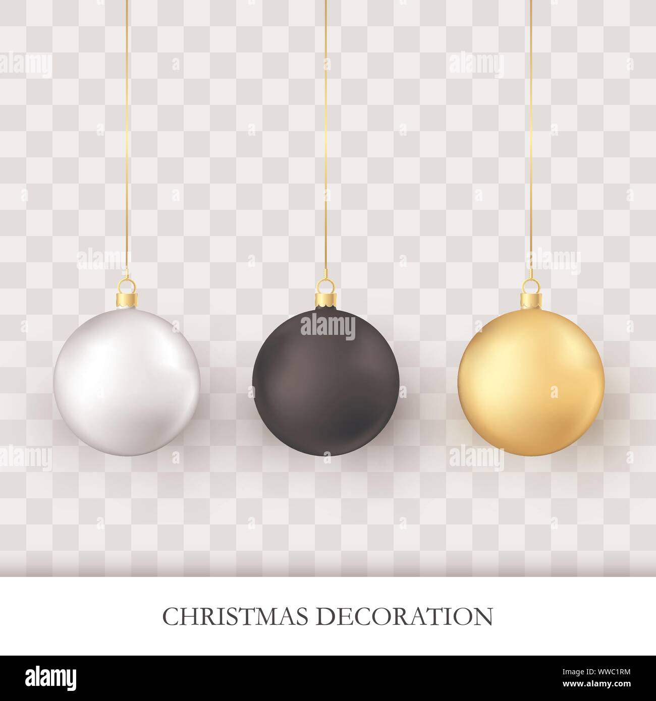 Le decorazioni di Natale. Lucida realistico Natale e Anno Nuovo addobbi per l'albero. Golden bianco e nero vacanza tradizionale realistico palle di Natale. Vect Illustrazione Vettoriale