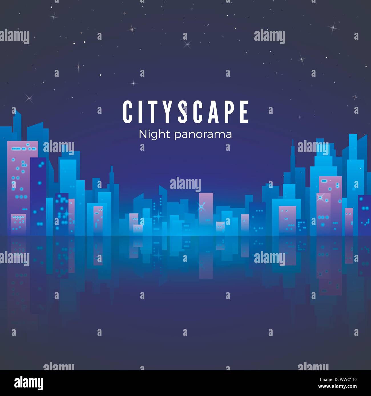 La città di notte paesaggio con neon e colori luminosi. La silhouette della città futuristica con la riflessione. In stile retrò 80s. Illustrazione Vettoriale Illustrazione Vettoriale