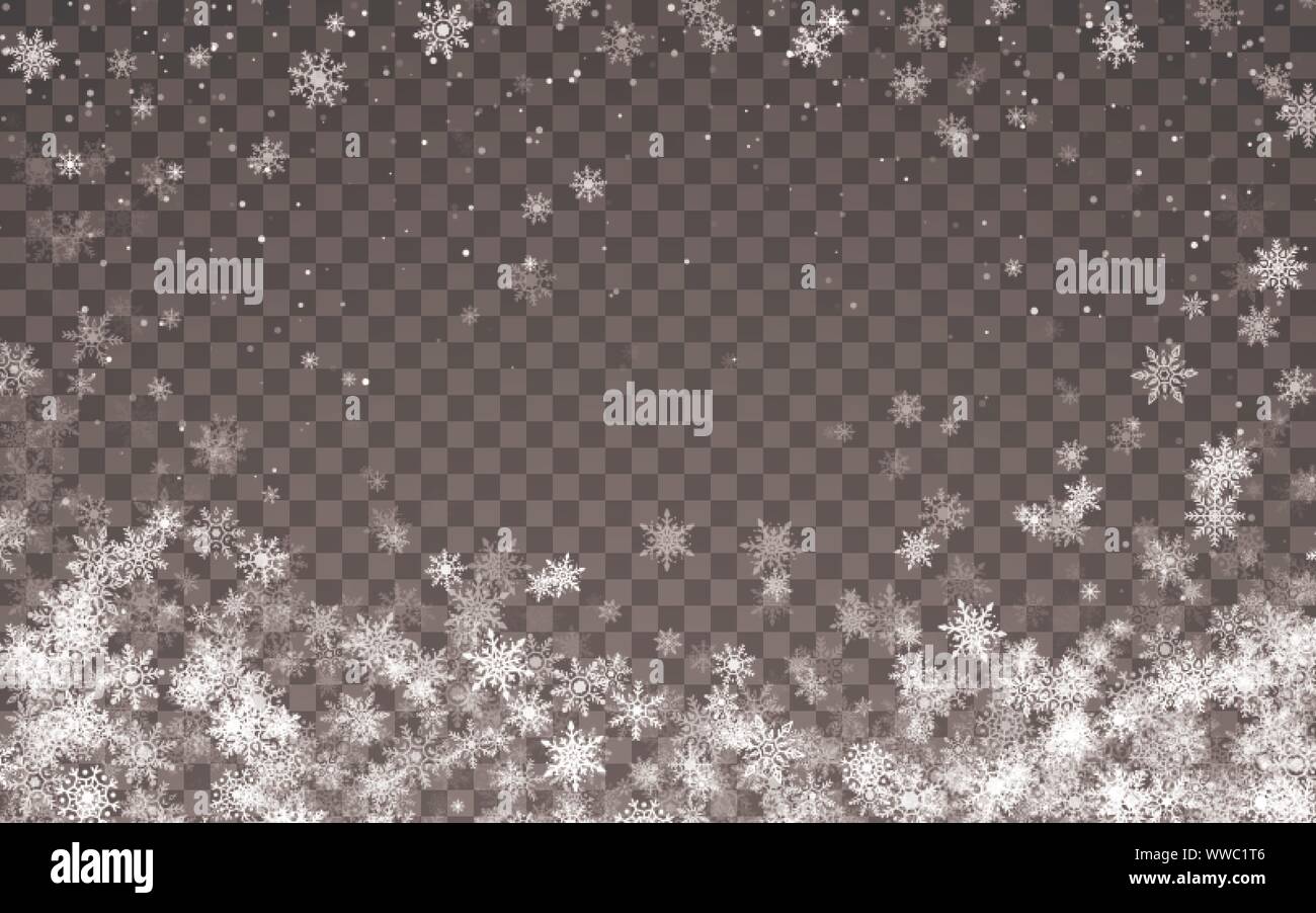 La magia di Natale nevicata. La caduta di fiocchi di neve bianca su sfondo trasparente. Illustrazione Vettoriale Illustrazione Vettoriale