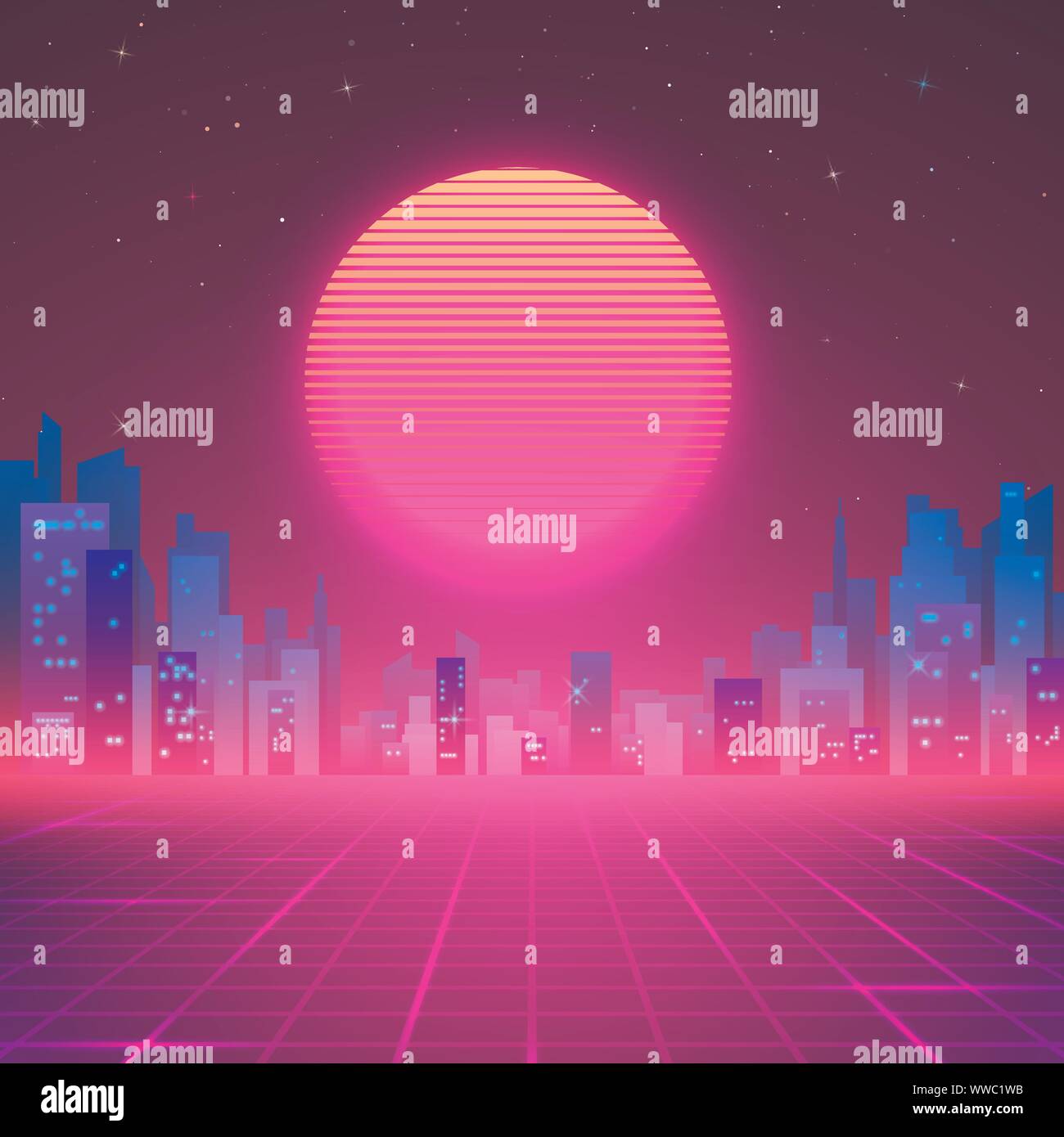 Stagliano notte sulla città Skyline. 80s fantascienza rétro dello sfondo. Cyberpunk o design futuristico in 80s stile. Illustrazione Vettoriale Illustrazione Vettoriale