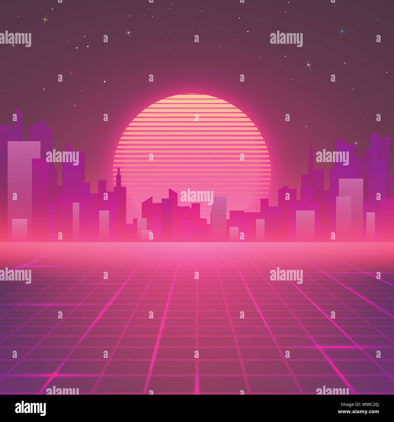 Stagliano notte sulla città Skyline. 80s fantascienza rétro dello sfondo. Design futuristico in 80s stile. Illustrazione Vettoriale Illustrazione Vettoriale