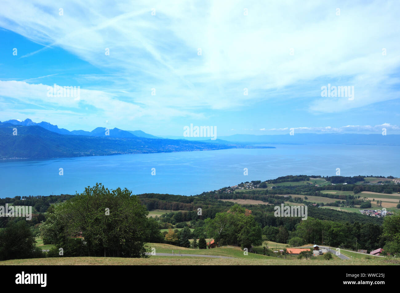 Vista panoramica della regione Lemanique chiamato La Riviera in Svizzera Foto Stock