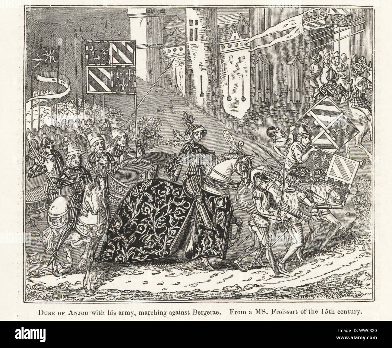 Filippo il grassetto, duca di Borgogna, tornando alla Francia nel 1360. Il duca in armatura a cavallo con caparison, preceduto da arcieri e fanfare trombettieri con il suo stemma. (Erroneamente etichettato Luigi I, Duca di Anjou con il suo esercito in marcia per riacquisire Bergerac 1377). Xilografia dopo un manoscritto illuminato da Sir John Froissart di Cronache di Inghilterra, Francia, Spagna e Paesi limitrofi, da quest'ultima parte del regno di Edoardo II per la incoronazione di Enrico IV, George Routledge, Londra, 1868. Foto Stock