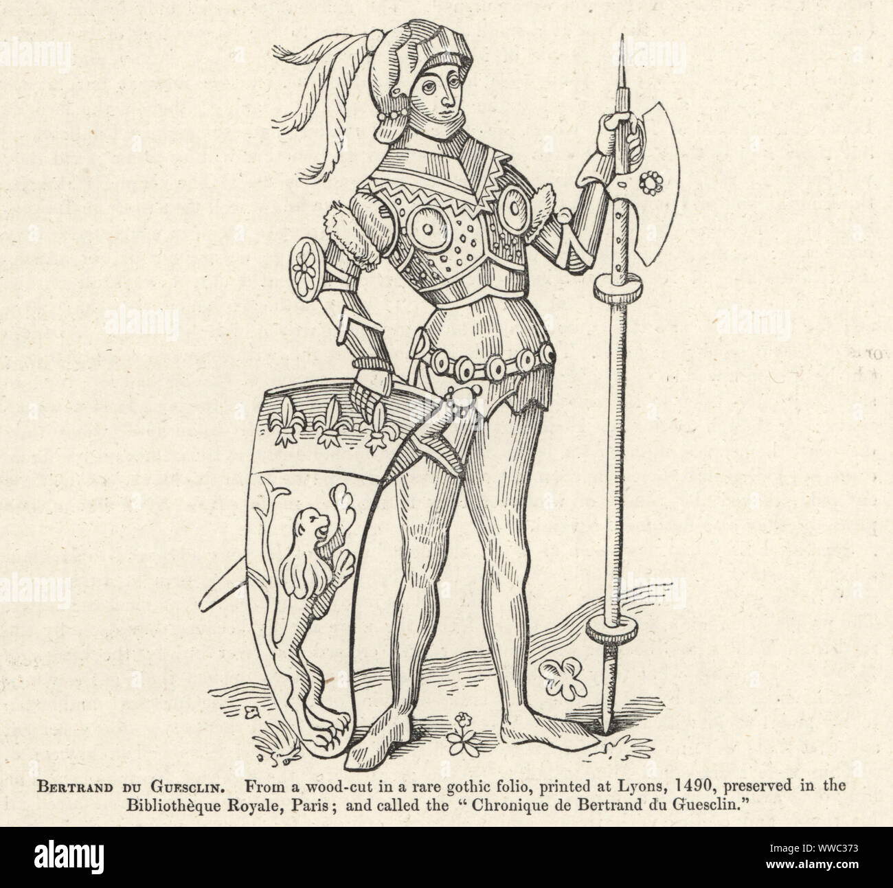 Bertrand du Guesclin, l'aquila della Bretagna, morì 1380, da una rara gothic folio stampato a Lione, 1490, in Biblitheque Royale, Parigi. Xilografia dopo un manoscritto illuminato da Sir John Froissart di Cronache di Inghilterra, Francia, Spagna e Paesi limitrofi, da quest'ultima parte del regno di Edoardo II per la incoronazione di Enrico IV, George Routledge, Londra, 1868. Foto Stock