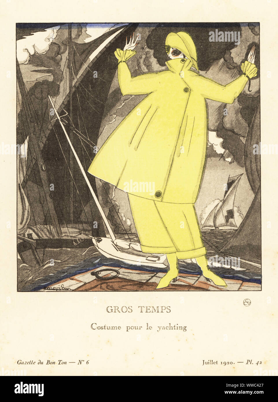 Donna in costume di vela di giallo limone tessuto in una tempesta. Gros temps. Costume pour le yachting. Pour le yachting, costume delle Nazioni Unite en toile cirée citron, copié sur celui des hommes de mer: même veste et même ampia et rigides; même chapeau et mêmes bottes. La piastra 42, Vol. 2.6, 1920. Pochoir Handcolored litografia di Jose Zinoview da Lucien Vogel Le Bon Genere: 100 Piastre da Gazette du Bon Ton, Brentano, Parigi, 1922. Foto Stock