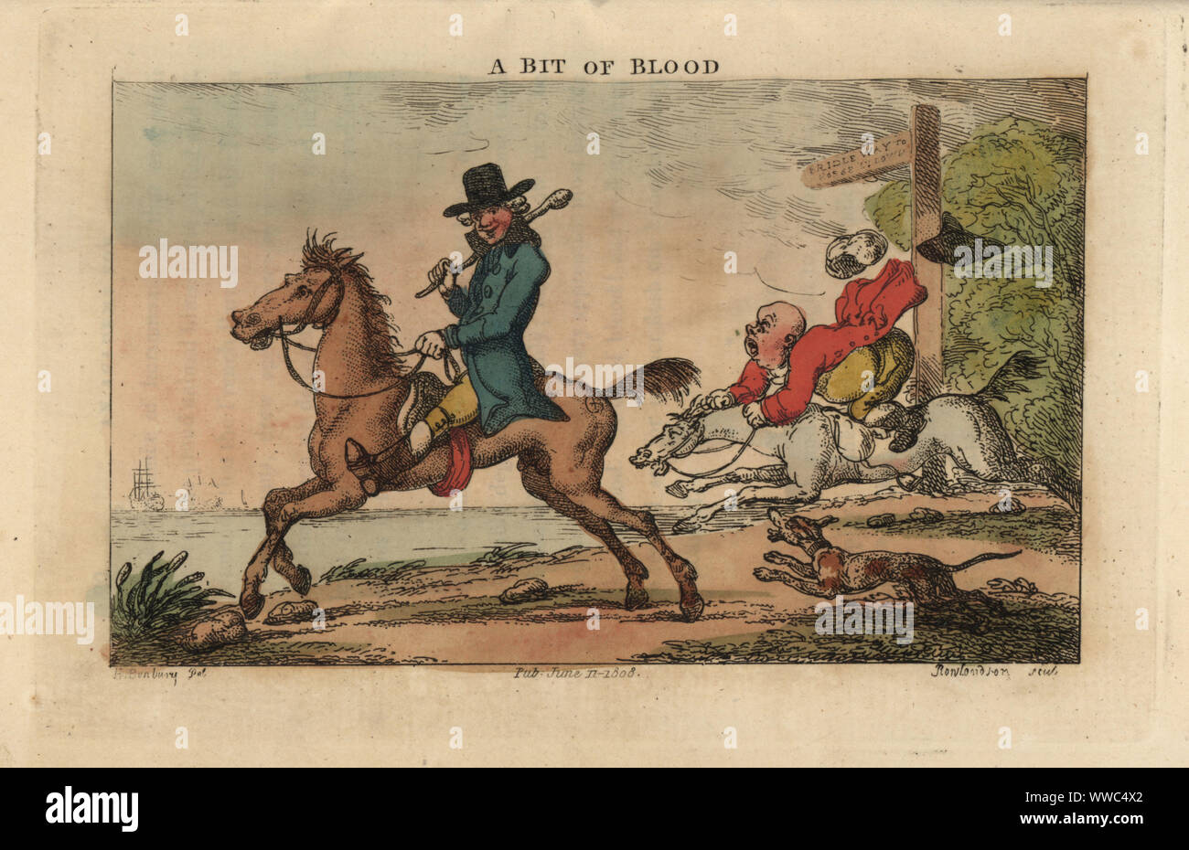 Regency gentiluomo con randello su un cavallo purosangue, mentre un altro perde la sua parrucca su un destriero al galoppo. Un po' di sangue. Handcolored incisione su rame di Thomas Rowlandson dopo una illustrazione di Henry Bunbury da Geoffrey Gambado è un'Accademia per la crescita di cavalieri e Annali di equitazione, Londra, 1809. Foto Stock