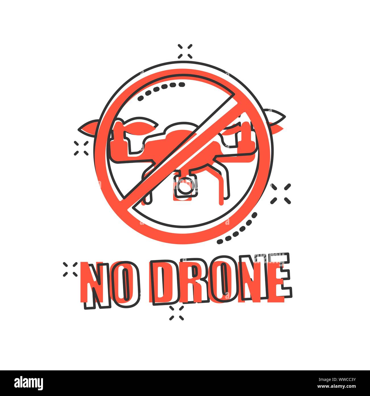 Nessuna zona di drone segno icona in stile fumetto. Divieto Quadrocopter vettore illustrazione cartoon bianco su sfondo isolato. Elicottero volo proibito busines Illustrazione Vettoriale
