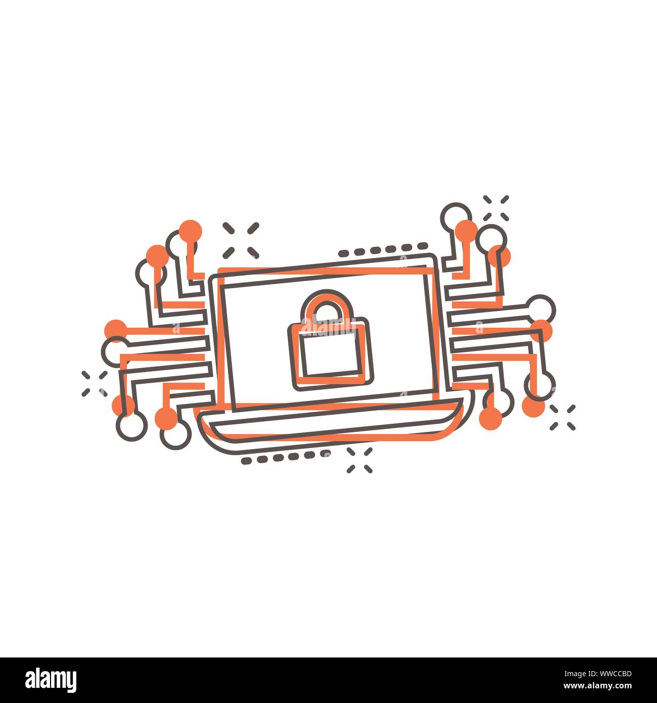 Cyber security icona in stile fumetto. Lucchetto bloccato vettore illustrazione cartoon bianco su sfondo isolato. Business notebook concetto effetto splash. Illustrazione Vettoriale
