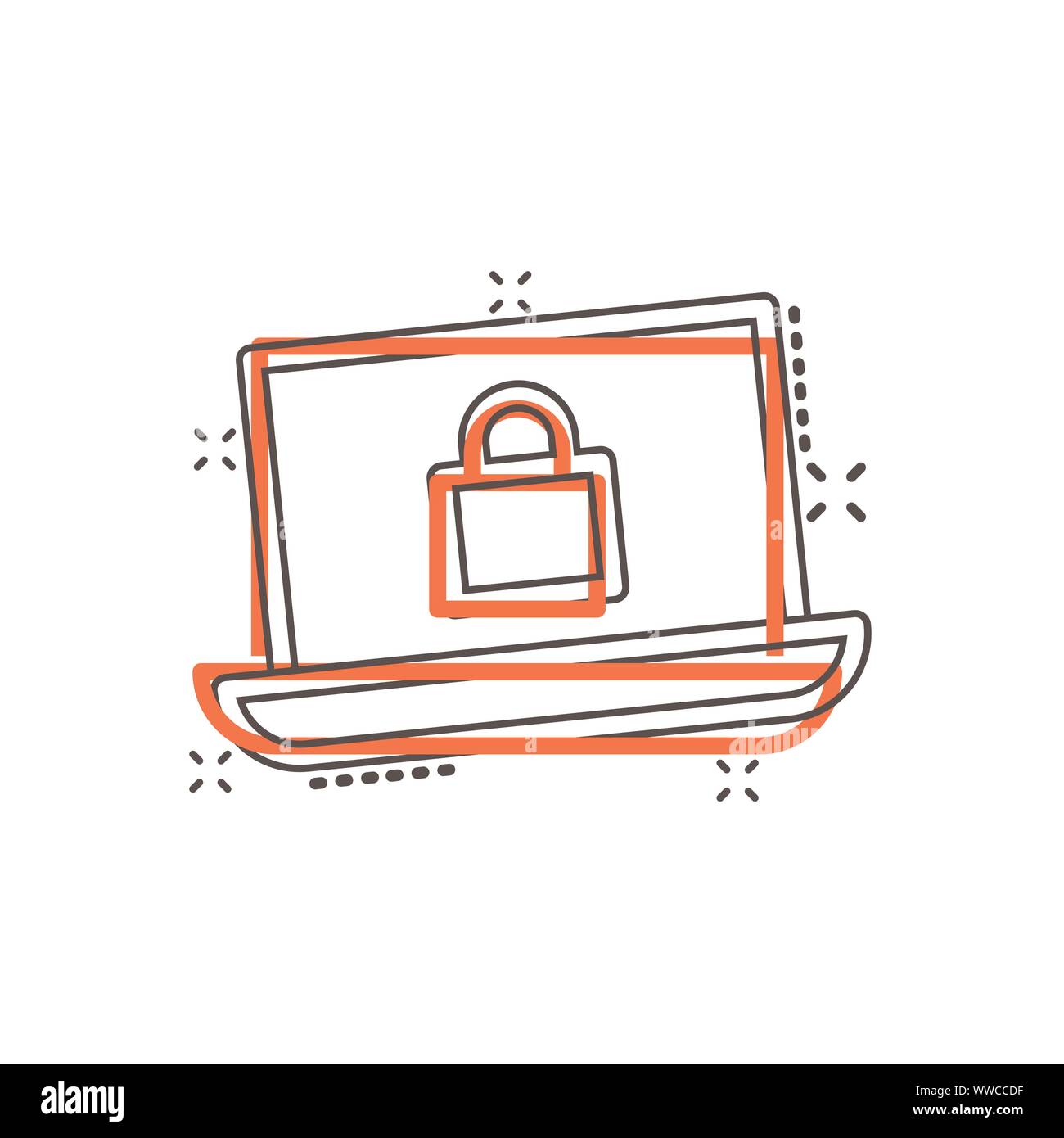 Cyber security icona in stile fumetto. Lucchetto bloccato vettore illustrazione cartoon bianco su sfondo isolato. Business notebook concetto effetto splash. Illustrazione Vettoriale