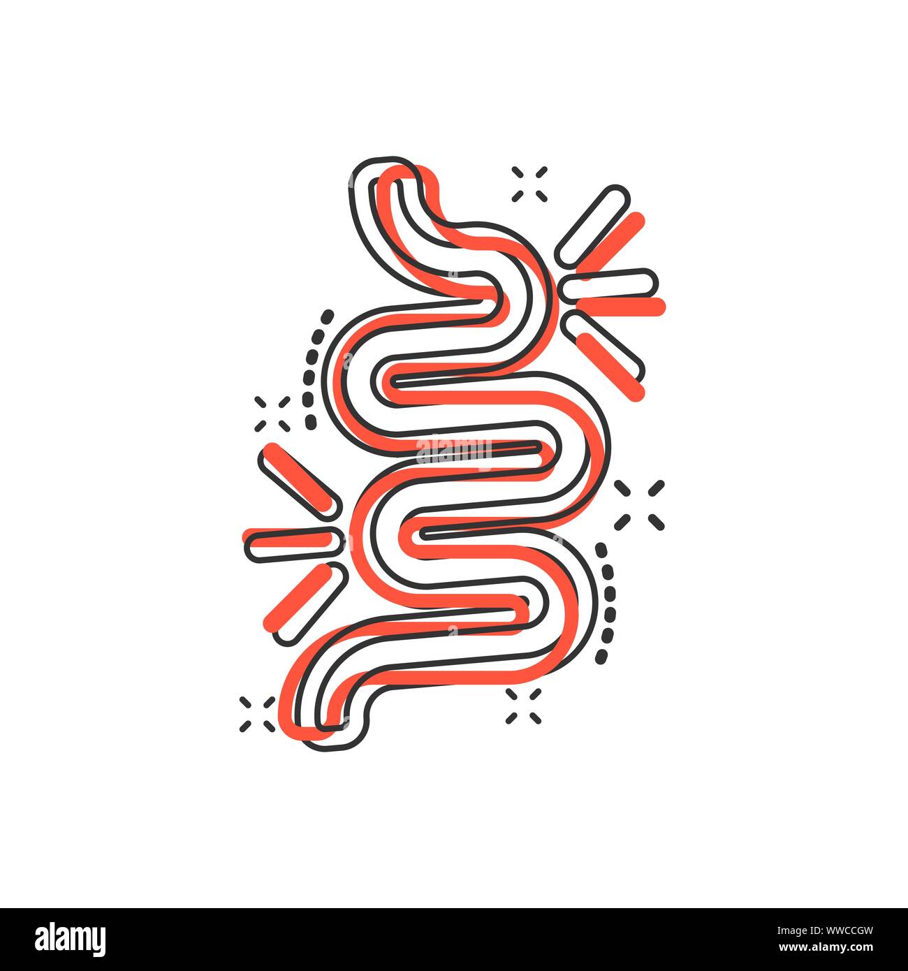 Gut costipazione icona in stile fumetto. Vettore di colite cartoon illustrazione in bianco sullo sfondo isolato. Stomaco concetto aziendale effetto splash. Illustrazione Vettoriale