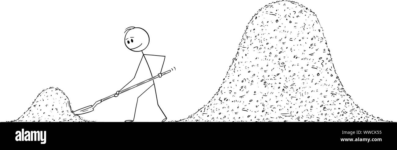 Vector cartoon stick figura disegno illustrazione concettuale di uomo o di lavoratore edile o builder con pala spalare due grandi mucchi di sporcizia o sabbia. Illustrazione Vettoriale