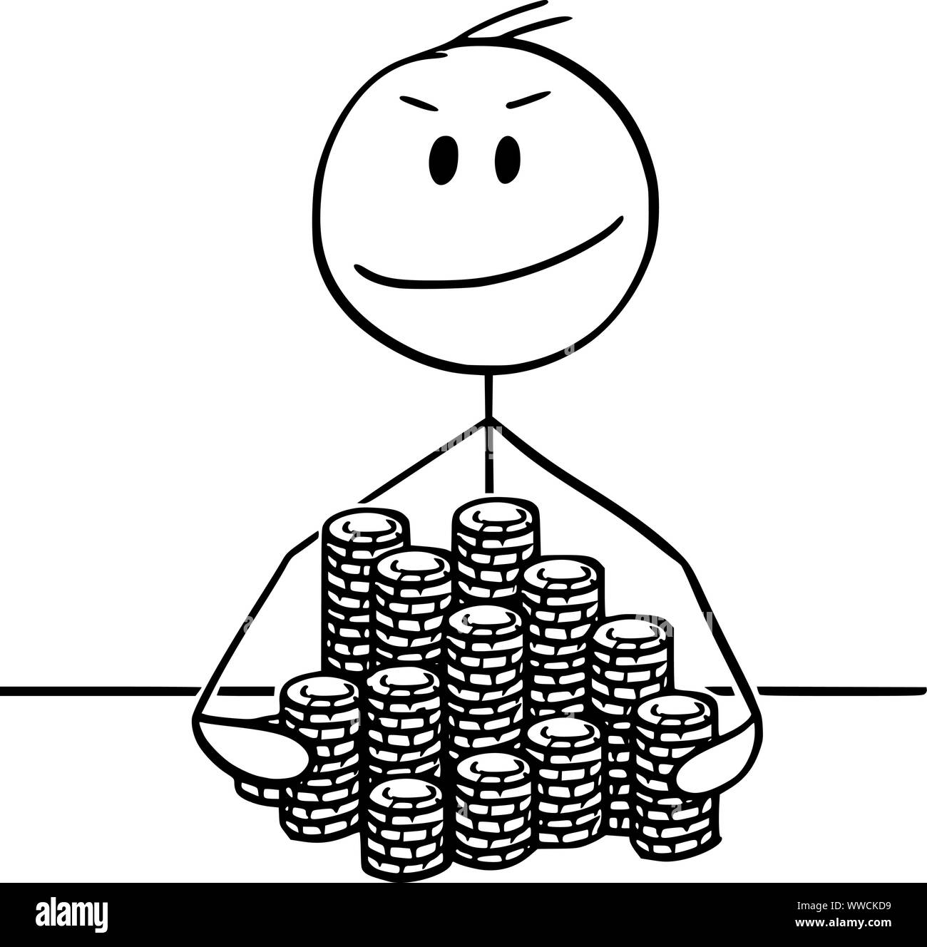 Vector cartoon stick figura disegno illustrazione concettuale della vincitrice uomo o imprenditore con pile di poker o roulette del casinò chips. Illustrazione Vettoriale
