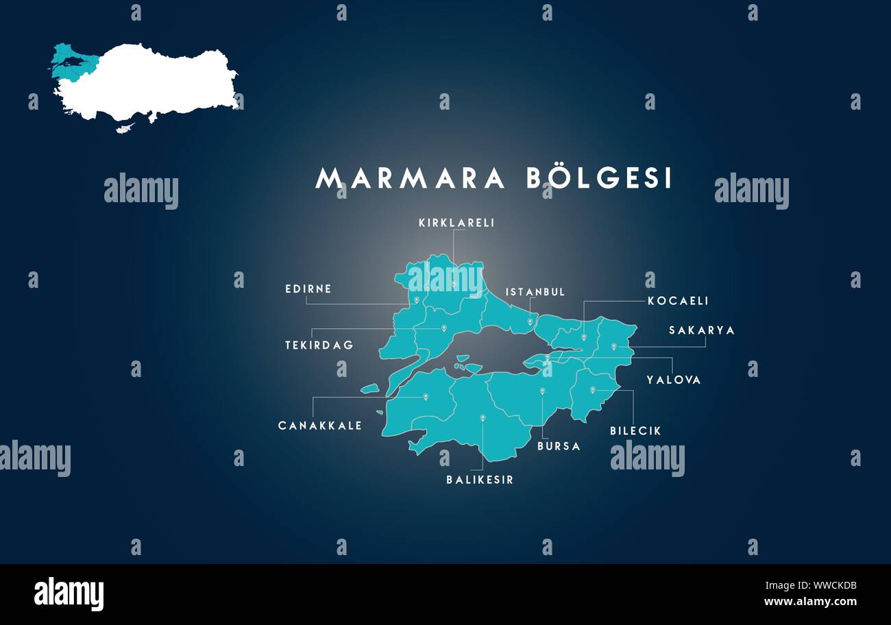 Mappa di Turchia Marmara Regione (Turco Turkiyenin marmara bolgesi, Edirne, Tekirdag, Canakkale, Balikesir, Bursa, Bingöl, Yalova, Sakarya, Kocaeli, è Illustrazione Vettoriale