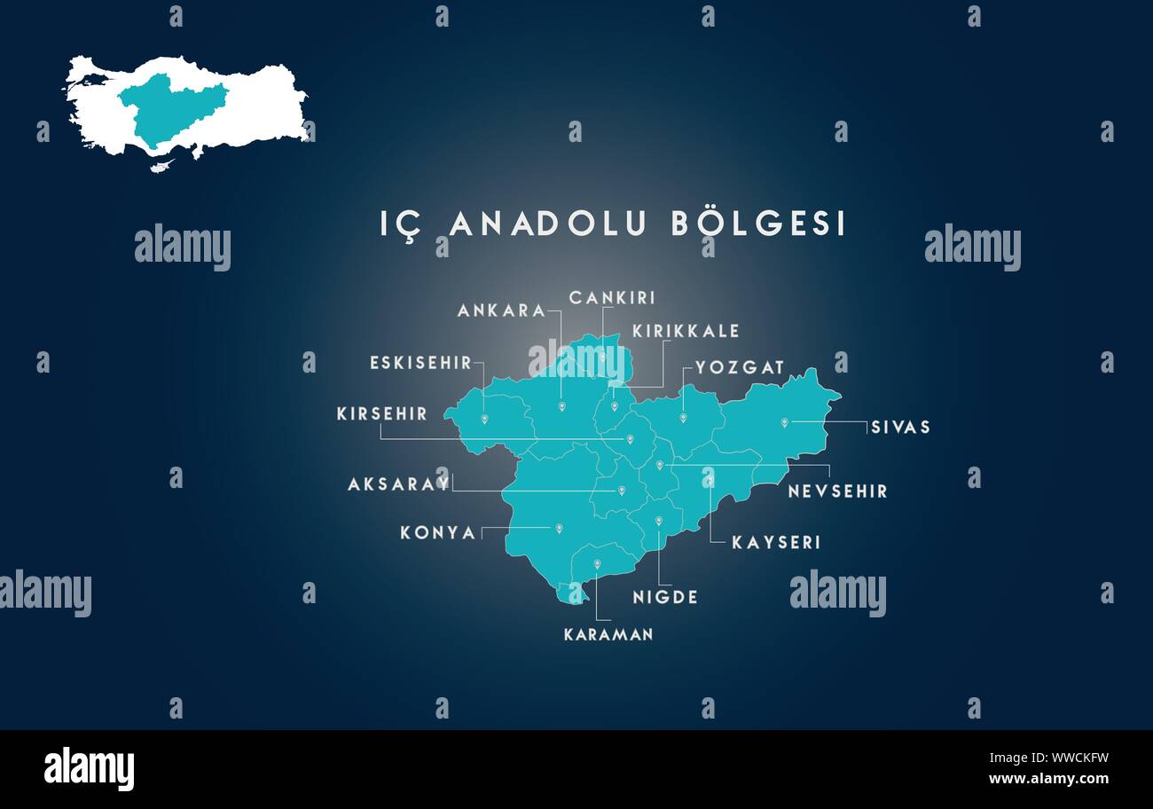 La Turchia Anatolia centrale regione mappa ( Turkiye turco ic anadolu bolgesi, Ankara, Eskisehir, Kirsehir, Aksaray, Konya, Karaman, Nigde, Kayseri, Nevsehi Illustrazione Vettoriale