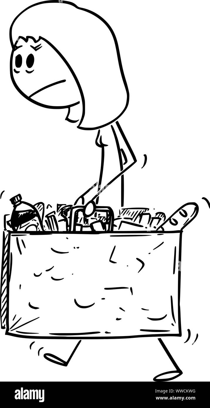 Vector cartoon stick figura disegno illustrazione concettuale della infelice e stanco della donna che trasportano grandi shopping bag piena di cibo e di altri beni o di generi alimentari. Illustrazione Vettoriale