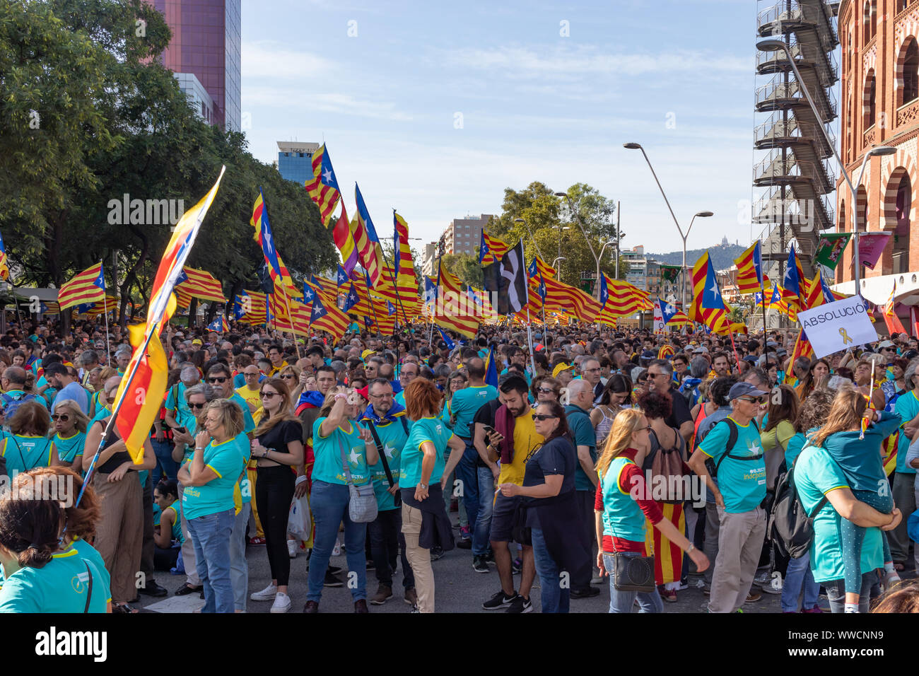 Il catalano pro-indipendenza protestrers durante un rally che ha avuto luogo in catalano di Giornata Nazionale de 'La Diada". Barcellona, 2019 Foto Stock