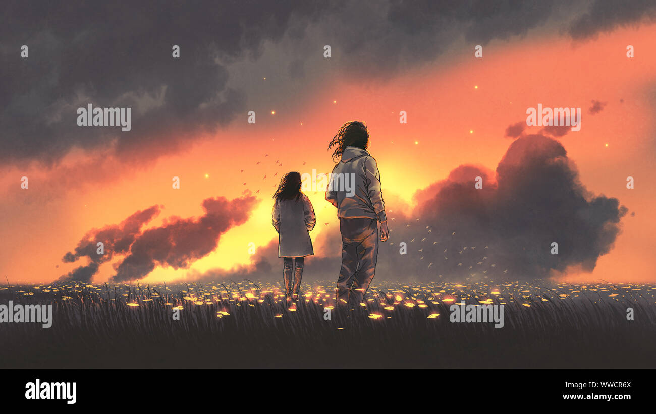 Lo splendido paesaggio della giovane coppia in piedi in fiori incandescente depositata e guardando il tramonto Cielo, arte digitale stile, illustrazione pittura Foto Stock