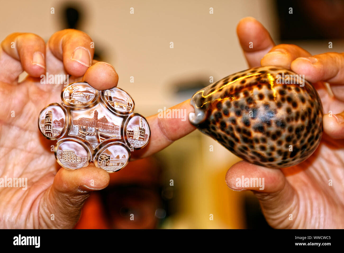 Rendendo cameo di dimostrazione; Arte; specialità; prodotto finito; shell usata; creazione; close-up; mani, Sorrento; Italia; Europa; molla; orizzontale; Foto Stock