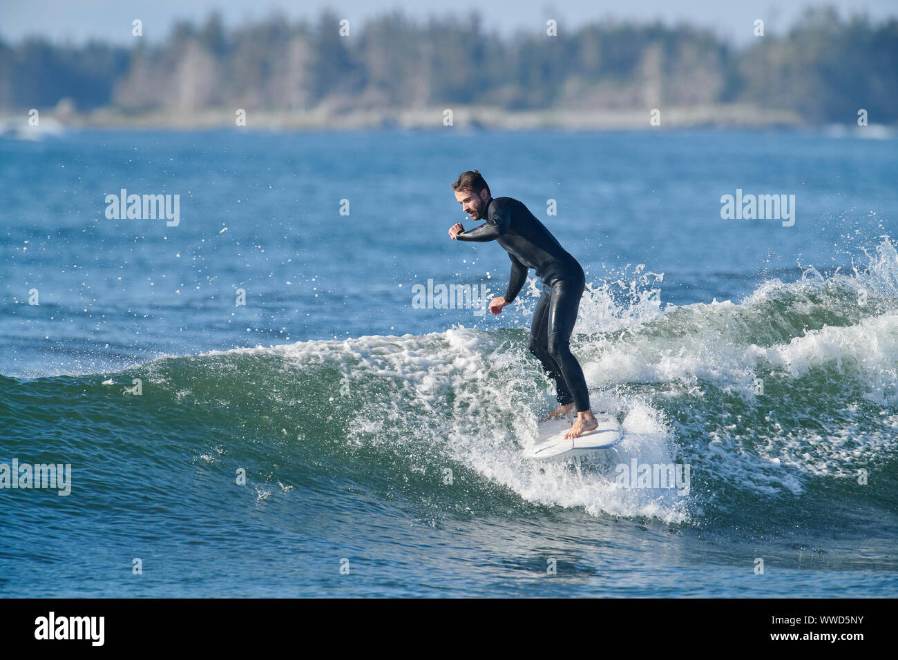 Surfer a cavallo di un onda, Cherry Hill Beach, Nova Scotia, Canada Foto Stock