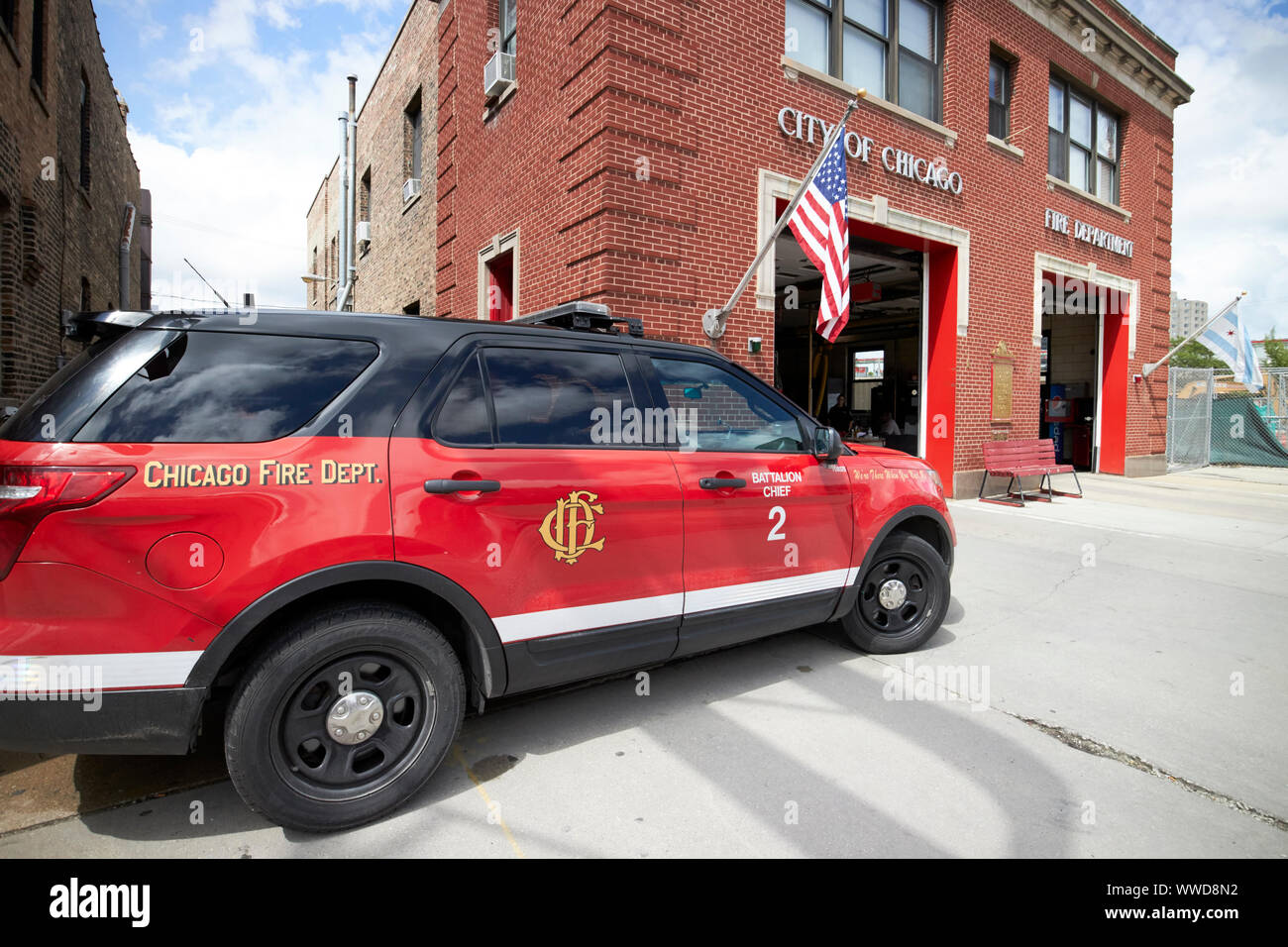 Città di Chicago Fire Department motore 8 nella Chinatown di backdraft firehouse Chicago Illinois USA Foto Stock