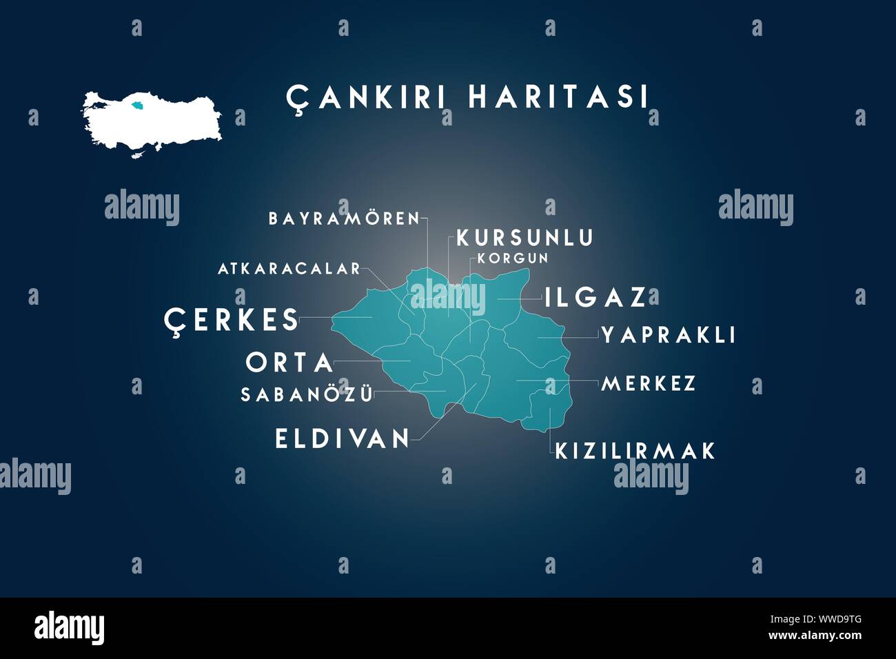 Cankiri distretti bayramoren, atkaracalar, cerkes, orta, sabanozu, eldivan, kursunlu, korgun, ilgaz, yaprakli, kizilirmak mappa, Turchia Illustrazione Vettoriale