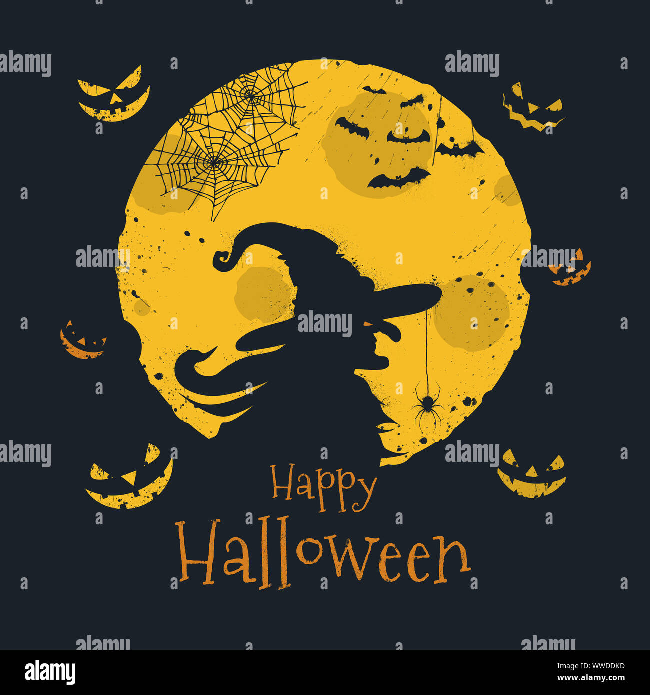 Happy Halloween Trick or Treat. Silhouette di strega oltre la luna piena, Jack o'lanterna, pipistrelli e spider web simboli. Tradizionale 31 ottobre vacanza, calligra Foto Stock