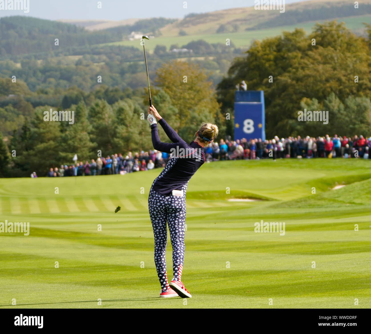 Auchterarder, Scotland, Regno Unito. Il 15 settembre 2019. Sunday Singles partite in ultima giornata a 2019 Solheim Cup su Centenary a Gleneagles. Nella foto; Nelly Korda del Team USA approccio riproduce al 8 verde. Iain Masterton/Alamy Live News Foto Stock