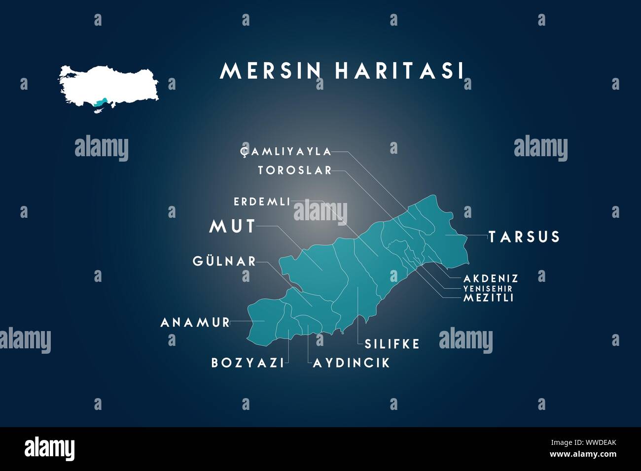 Distretti di Mersin camliyayla, toroslar, erdemli, mut, gulnar, anamur, bozyazi, aydincik, silifke, akdeniz, yenisehir, mezitli, Tarso mappa, Turchia Illustrazione Vettoriale