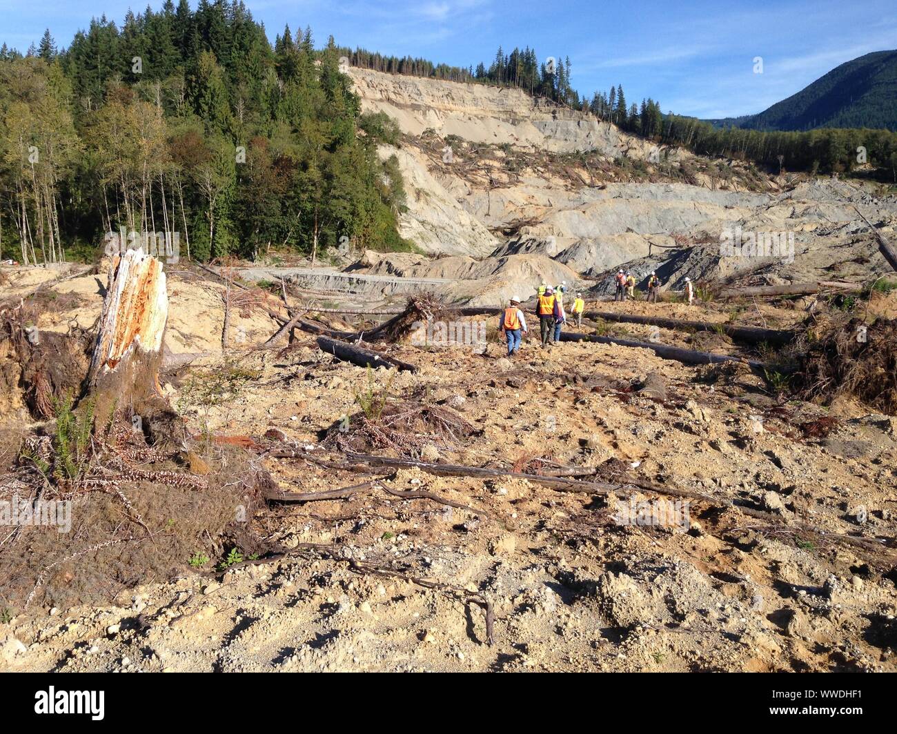 I geologi esaminano la frana di Oso del 2014, la North Fork Stillaguamish River Valley, la contea di Snohomish, Washington, USA Foto Stock