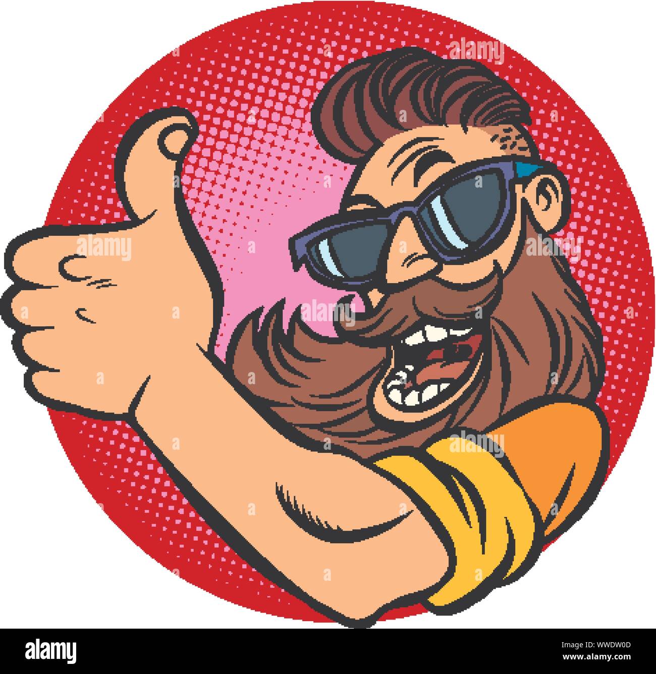 Hipster uomo barbuto pollice in alto. Fumetto cartoon arte pop retrò illustrazione vettoriale disegno Illustrazione Vettoriale
