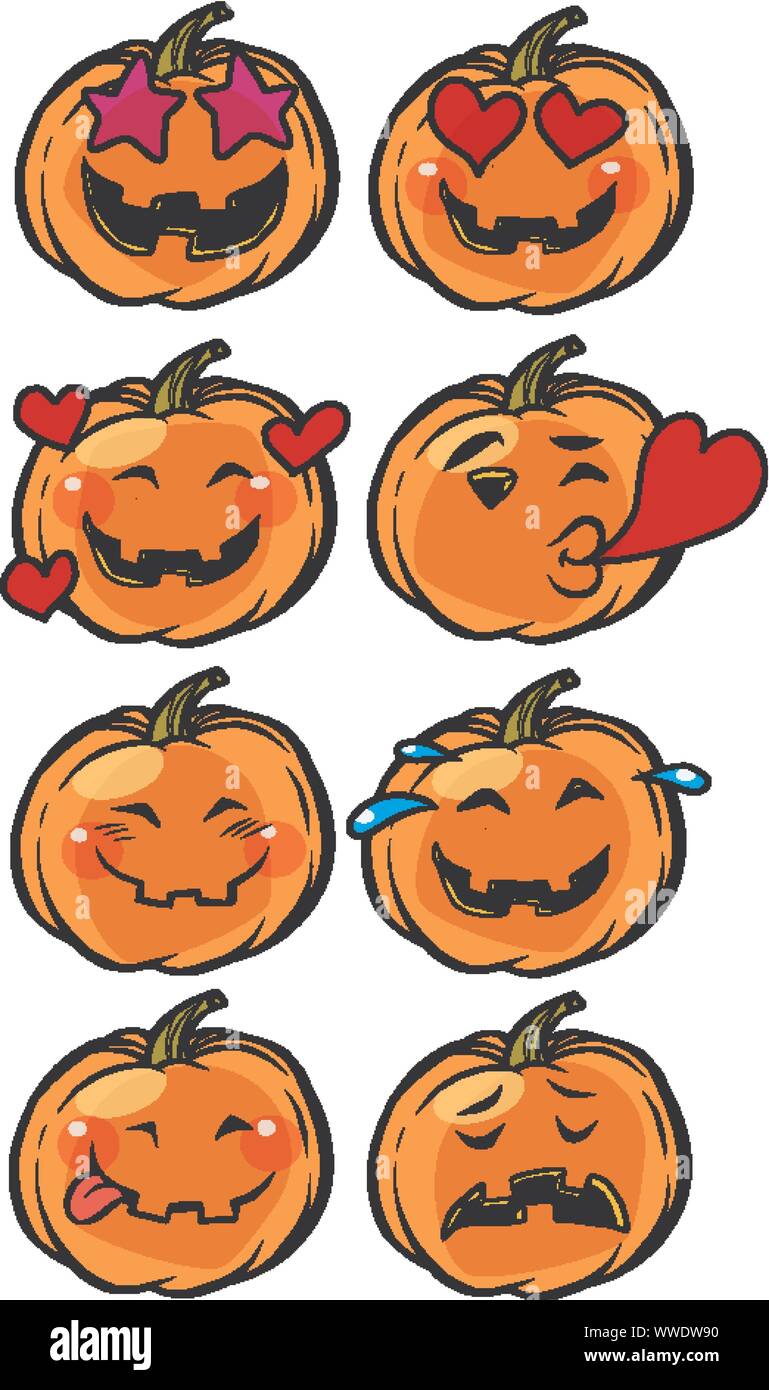 Amore cuore passione confusione Emoji Zucca di Halloween insieme. comic cartoon arte pop retrò illustrazione vettoriale disegno Illustrazione Vettoriale