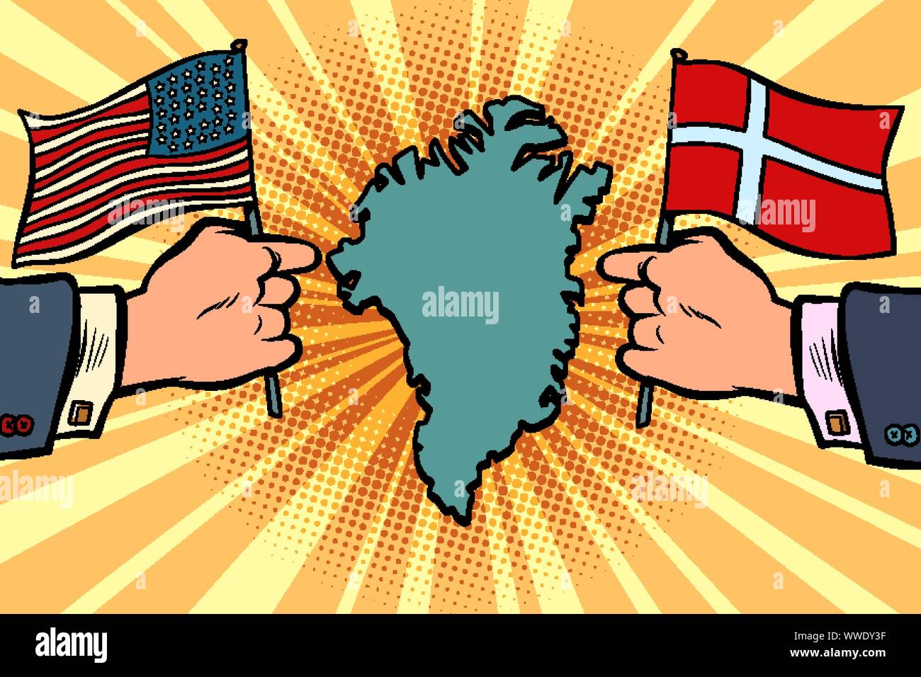 USA v. La Danimarca, la disputa per la Groenlandia. Le mani dei politici con le bandiere nazionali. comic cartoon arte pop retrò illustrazione vettoriale disegno Illustrazione Vettoriale