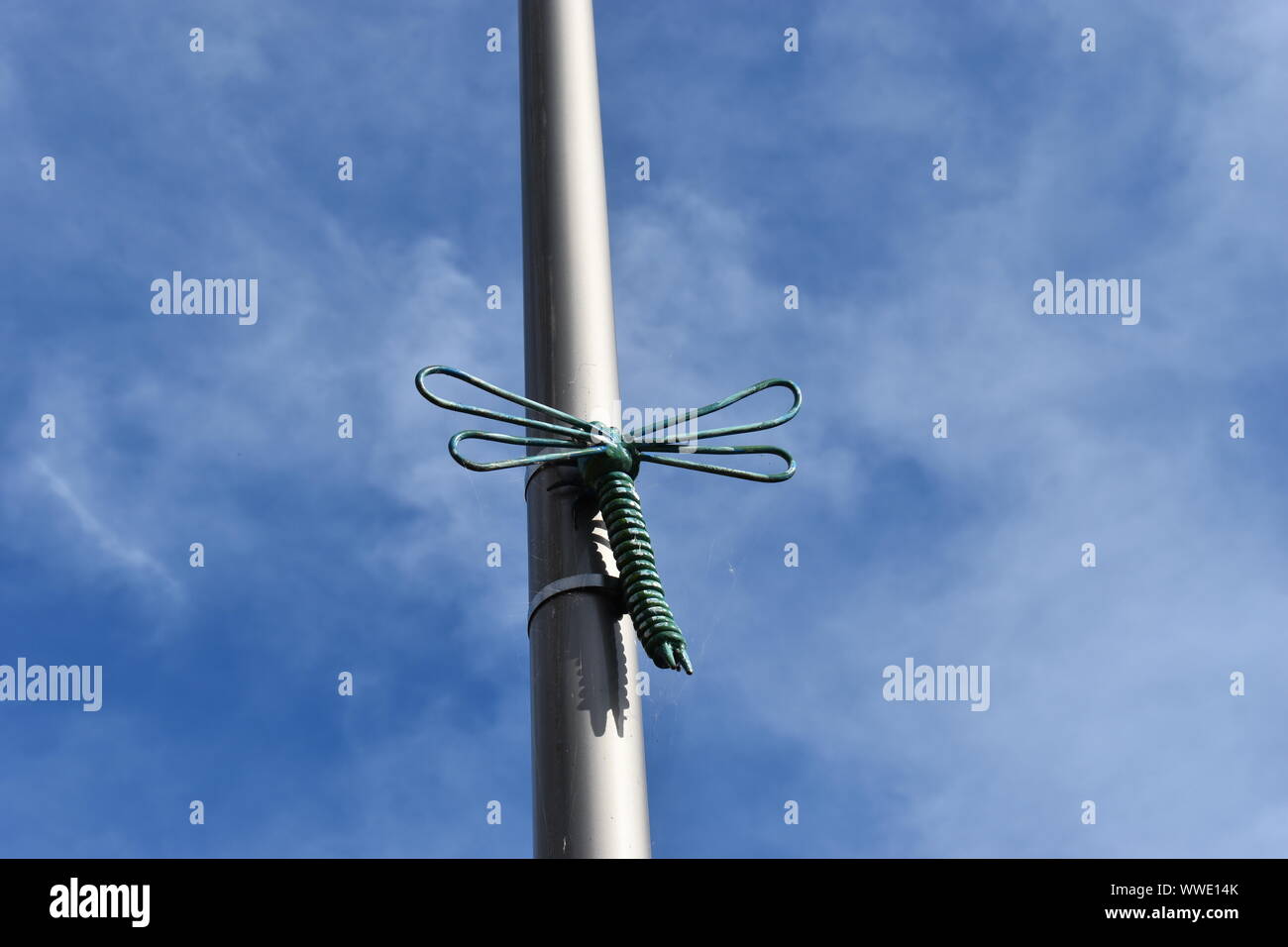 Bug su un lampione - dragonfly da Paolo Gulati. Parte dell'arte ROCLA Trail nel Parco Redhouse in Milton Keynes. Foto Stock