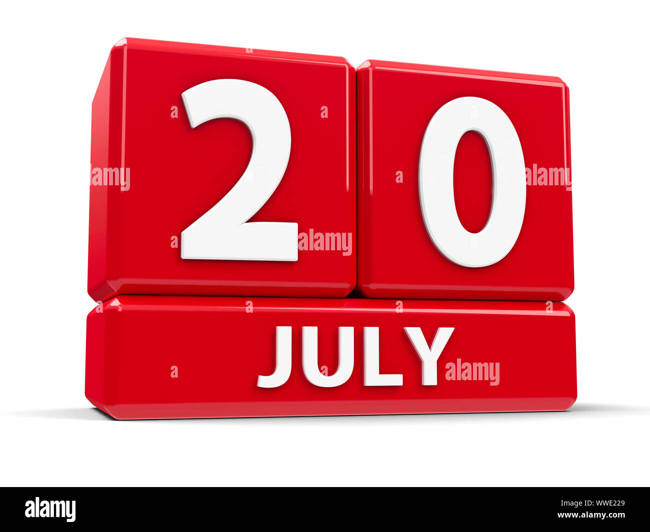 Cubi rossi - Il ventesimo di luglio - su un tavolo bianco - Internazionale di Scacchi giorno e torta internazionale giorno, tridimensionale, rendering 3D illustratio Foto Stock