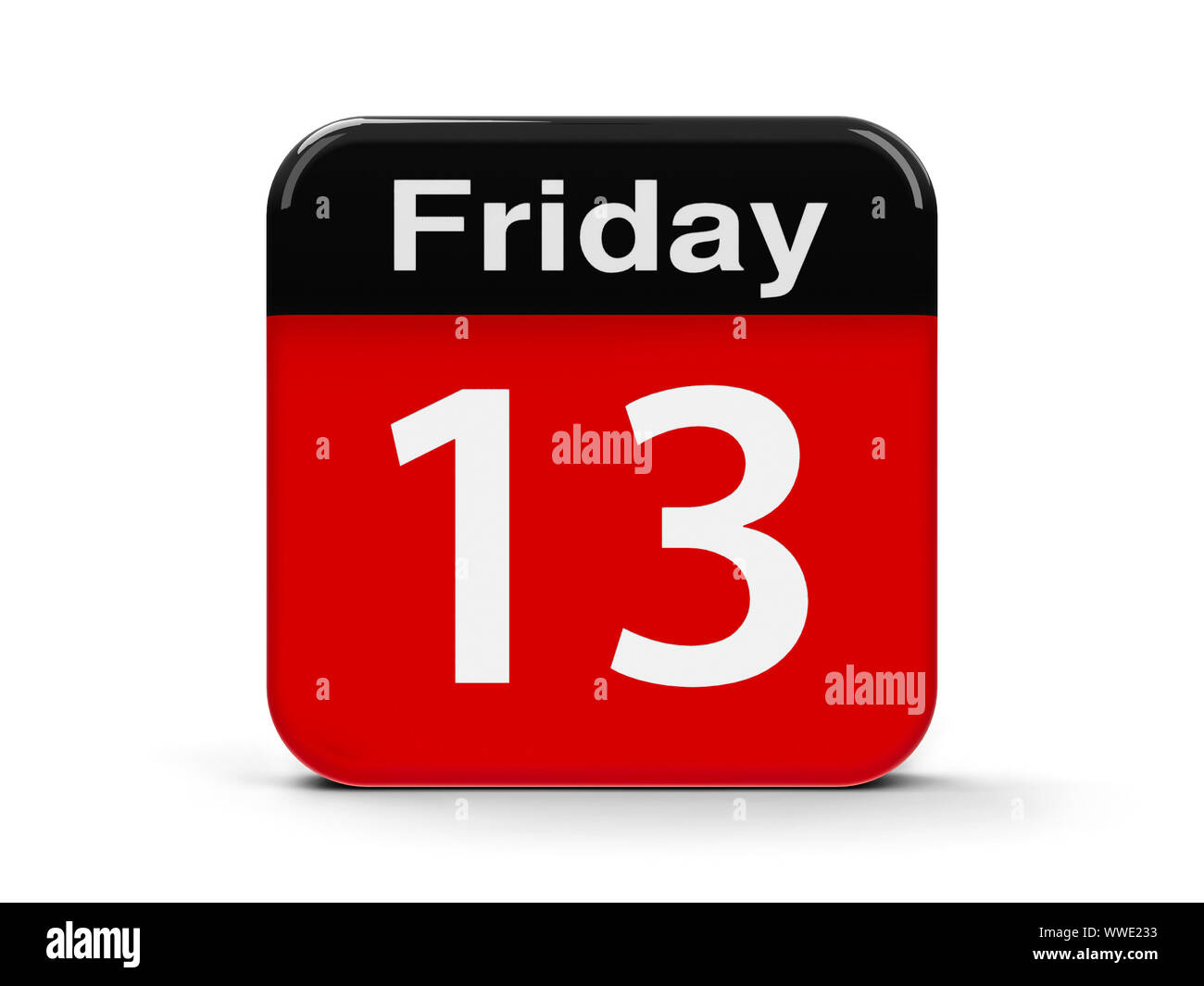 Rosso e nero calendario pulsante web - XIII venerdì - su un tavolo bianco, tridimensionale, rendering 3D illustrazione Foto Stock