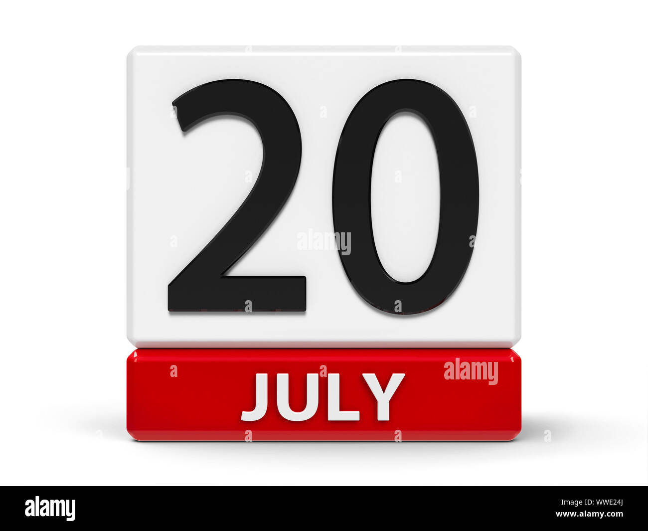 Rosso e bianco sull'icona del calendario dai cubi - il ventesimo di luglio - su un tavolo bianco - Internazionale di Scacchi giorno e torta internazionale giorno, tre dimensio Foto Stock