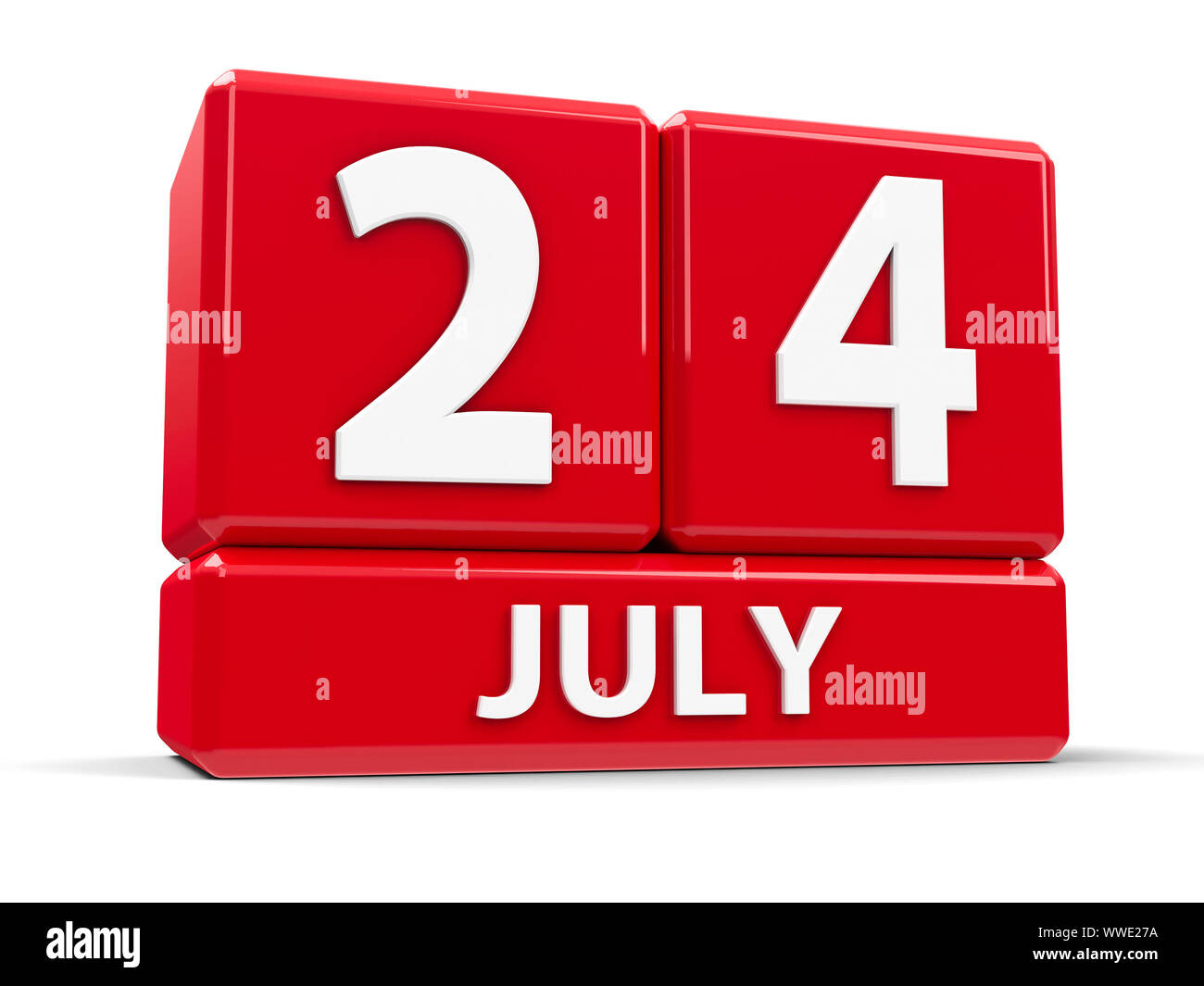 Cubi rossi - Il ventiquattresimo di luglio - su un tavolo bianco, tridimensionale, rendering 3D illustrazione Foto Stock