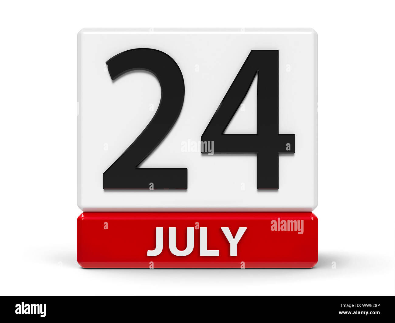 Rosso e bianco sull'icona del calendario dai cubi - Il ventiquattresimo di luglio - su un tavolo bianco, tridimensionale, rendering 3D illustrazione Foto Stock