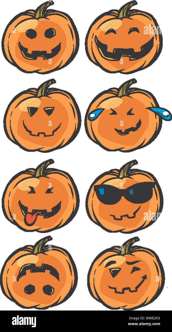 Smile divertente scherzo Emoji Zucca di Halloween insieme. comic cartoon arte pop retrò illustrazione vettoriale disegno Illustrazione Vettoriale